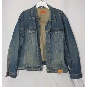 Vintage GUESS Men's Distressed Denim Trucker Medium Blue Jean Jacket‎ Size XXL